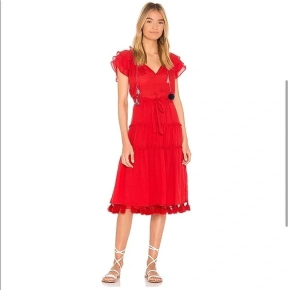 Misa Los Angeles Roza Pom Pom ruffle Midi Dress